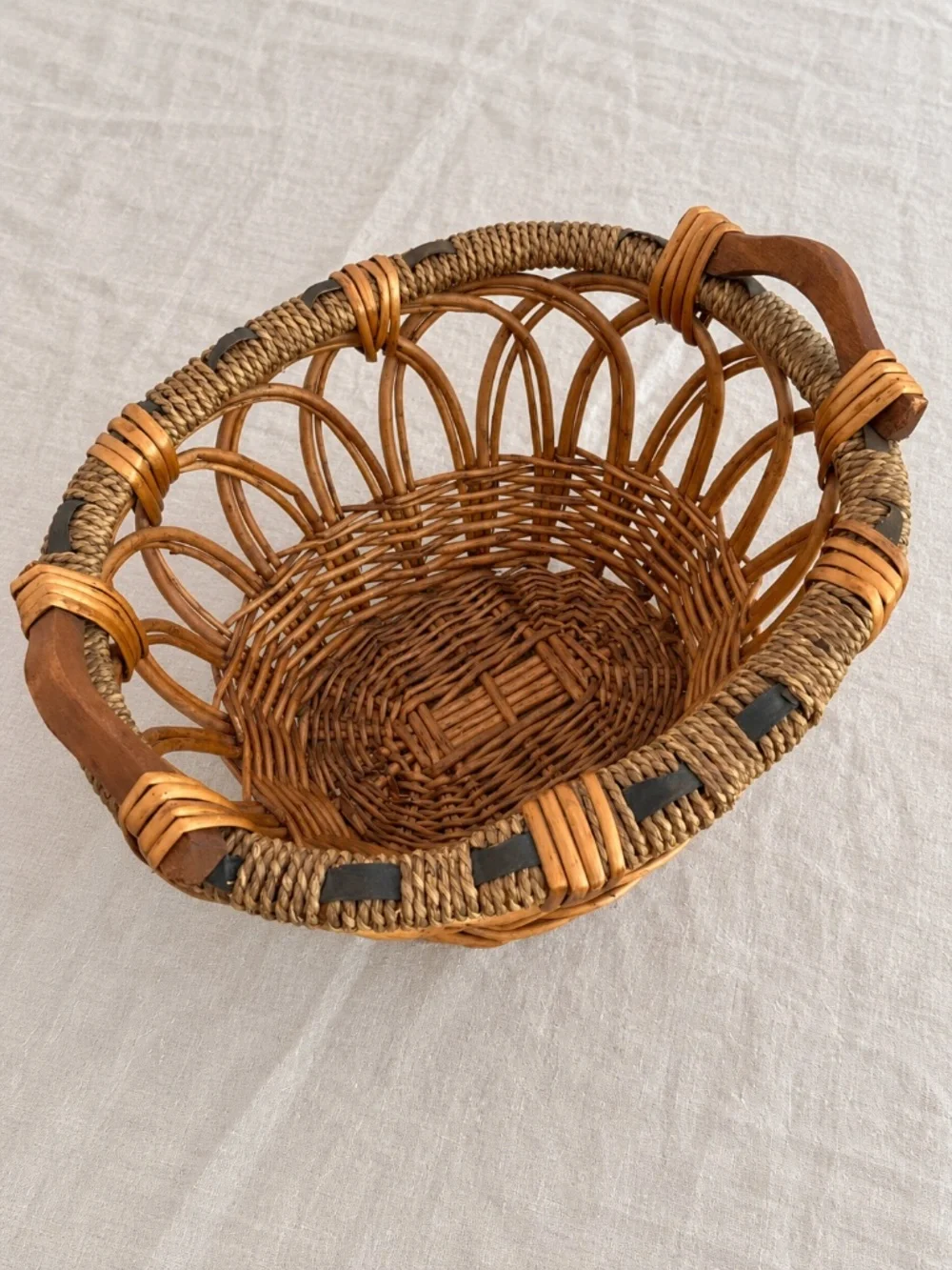 Vintage Woven Wicker Basket Wood Handles Open Weave Pedestal